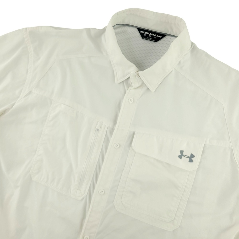 Under Armour Shirt Mens 2XL White Short Sleeve Fishing Button Up Vented Outdoor